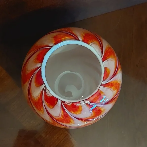 Rare Murano Swirl Art VaseHand-Blown Red & GoldDouble Cased White Inside